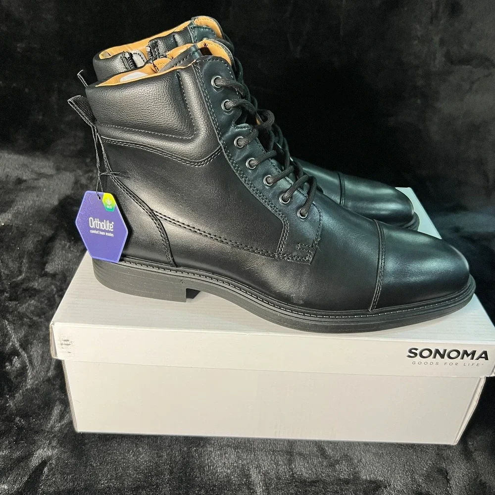 Sonoma Goods For Life Mateyo Mens 11.5 Black Leather Memory Foam Lace-Up Boots